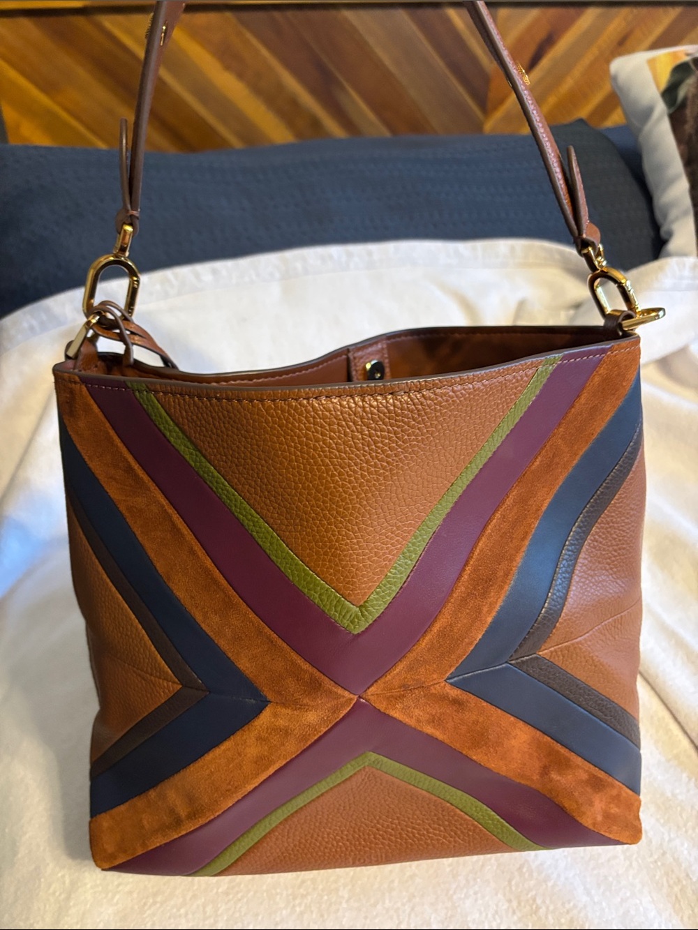 Fossil Brown Leather Bucket Bag with Multicolor Inset Accents